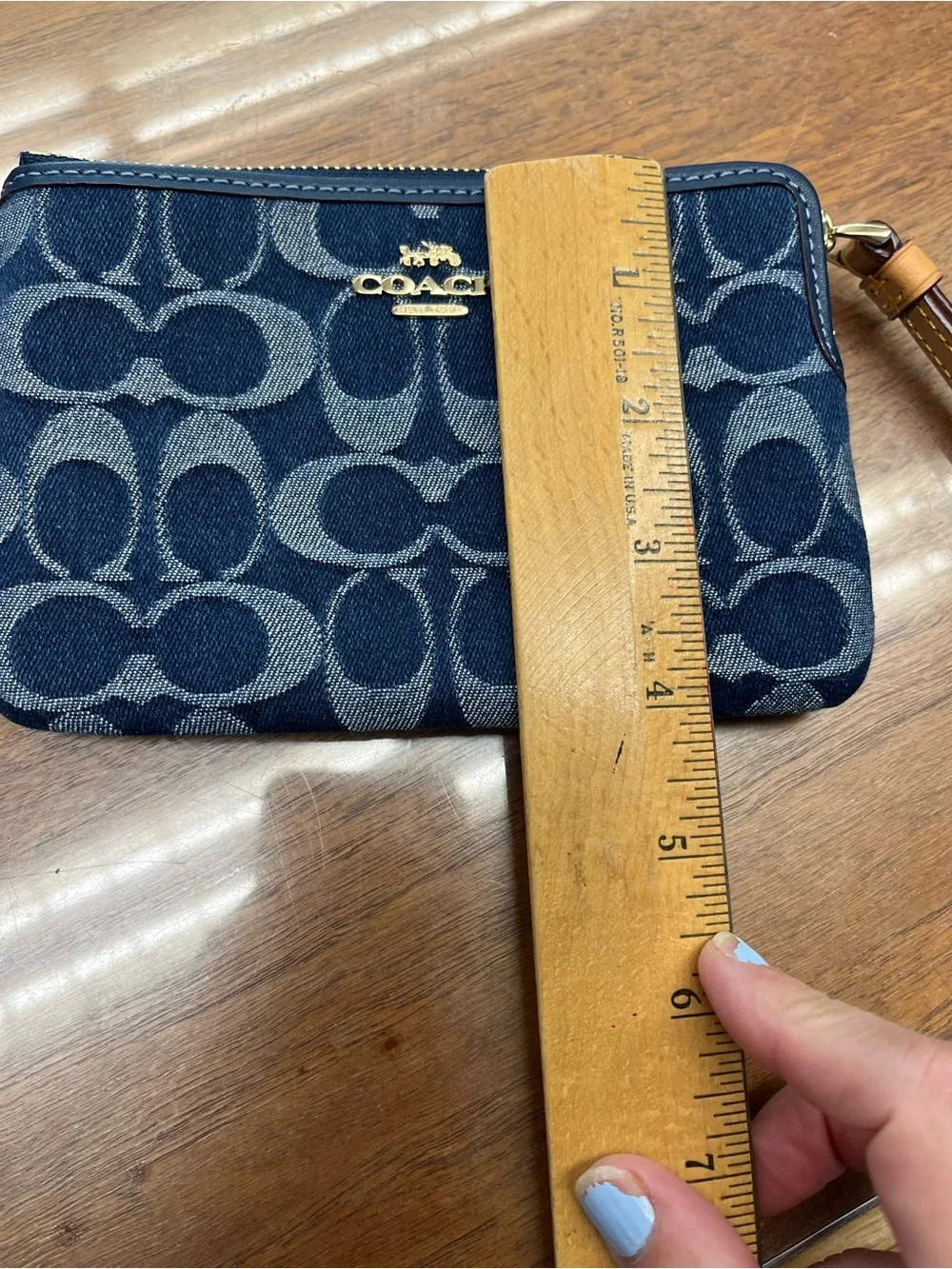 Coach Blue Signature Logo Wristlet with Brown Strap